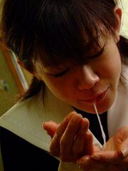 Cute teen maid Aoba Itou cleans her masters cock on her knees at home