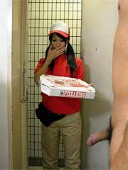 Miku Oguri strokes cock and has tits touched when delivering pizza.